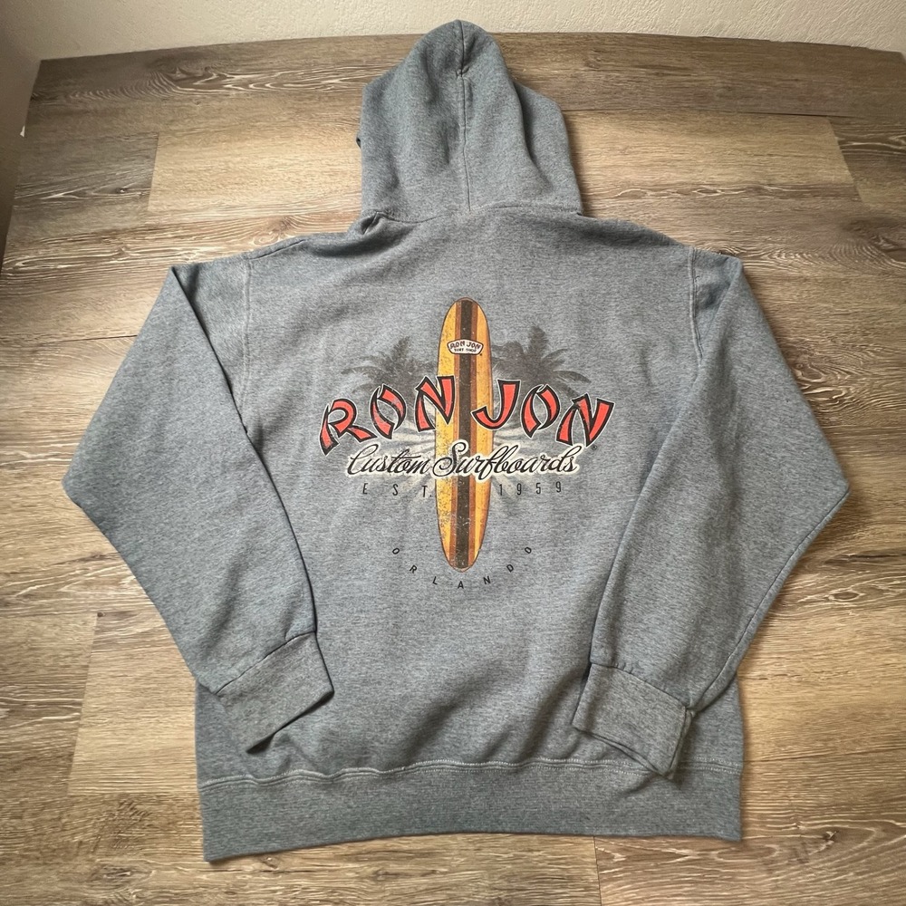 Ron Jon Surf‎ Shop Hoodie Mens Medium Gray Orlando Surfboard Graphic Pullover